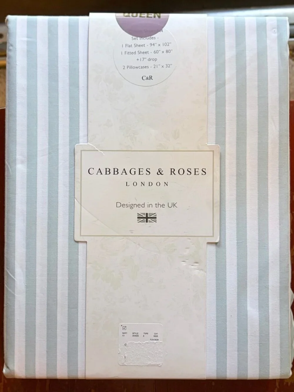 Cabbages & Roses Seaglass Pinstripe Queen Size Cotton Sheet Set (seafoam green)